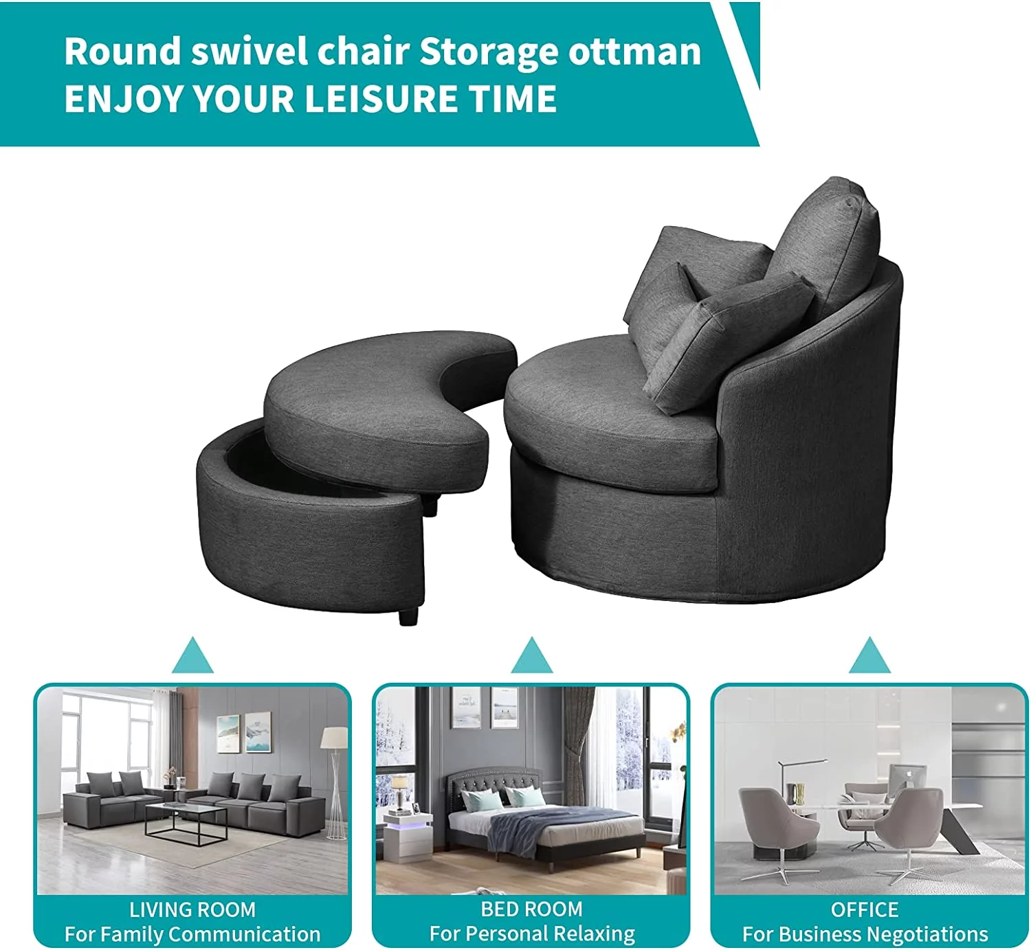 BALUS Modern Swivel Accent Barrel Sofa Chair, with Half Moon Storage Ottoman, Linen Fabric Leisure Round Chair