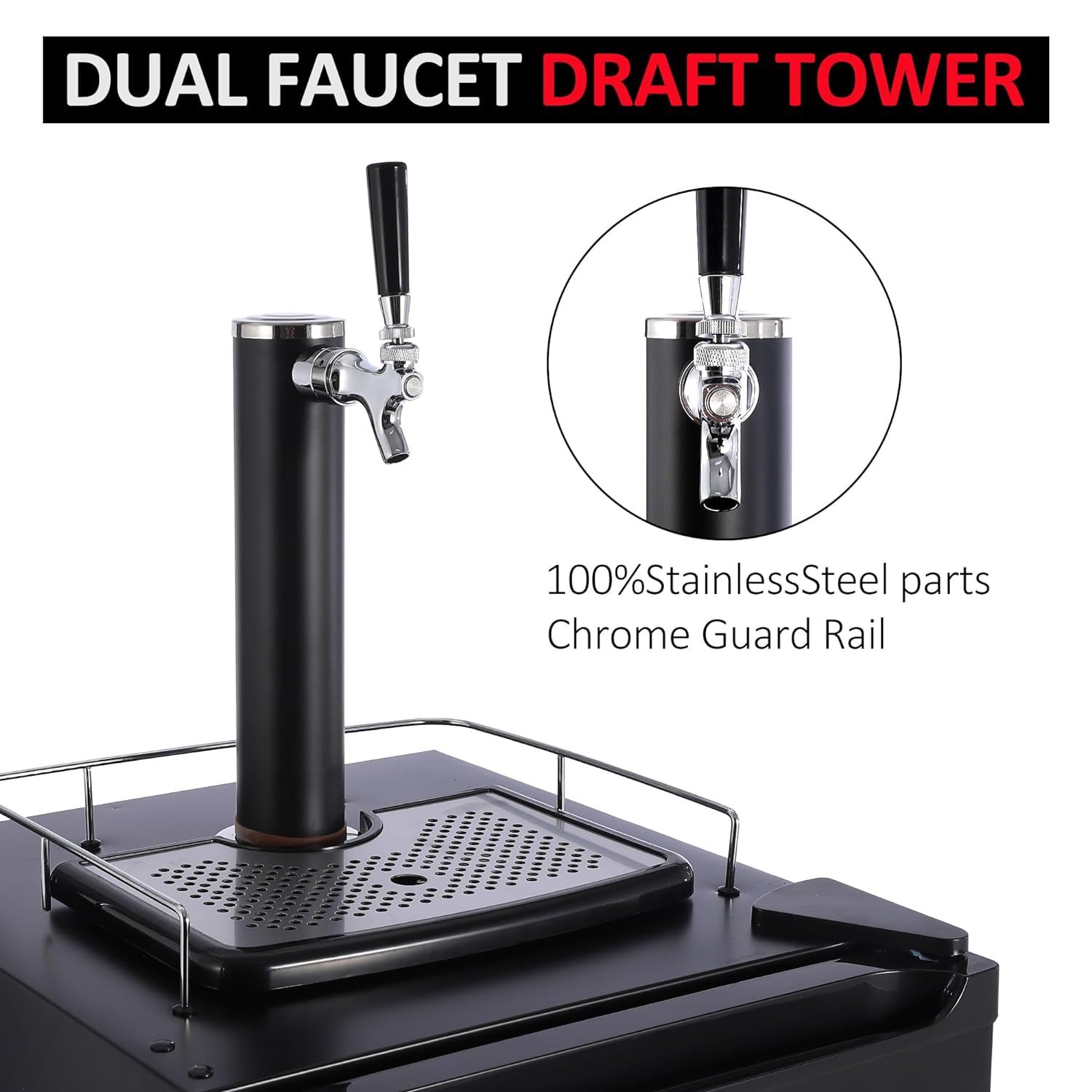 Kegerator and Keg Beer Cooler, Single Faucet Draft Beer Dispenser, Full Size Keg Refrigerator With Shelves, Stainless Steel, Drip Tray & Rail