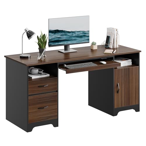 Bestier 59” Executive Desk with 2 Drawers, Computer Desk with Storage Cabinet, Industrial Wood Desk with File Drawer
