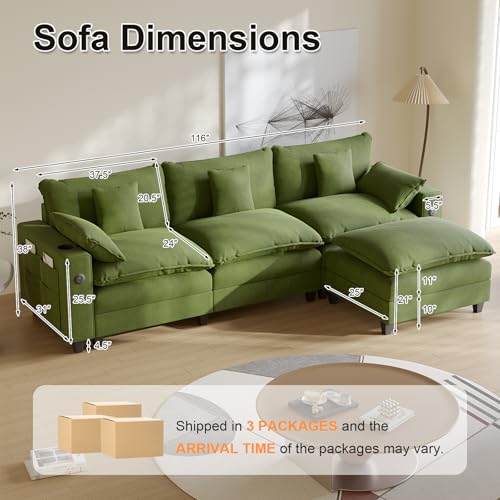 Modular Sectional Sofa, Cloud Couch with Ottoman, Charging Station, Throw Pillows, Cup Holders, Modern Convertible U Shaped Couches for Living Room