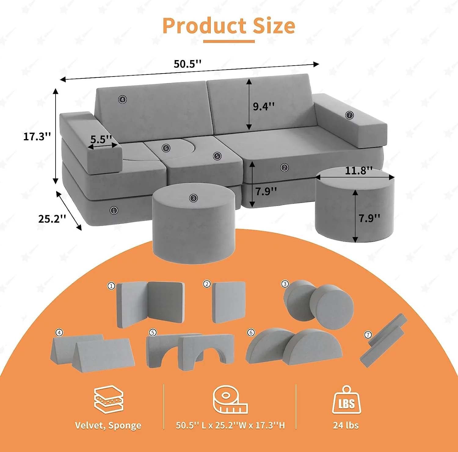 13Pcs Kids Couch, Wanan Toddler Couch Kids Sofa Couch, Kids Fold Out Couch for Playroom Bedroom, Modular Couch for Boys and Girls