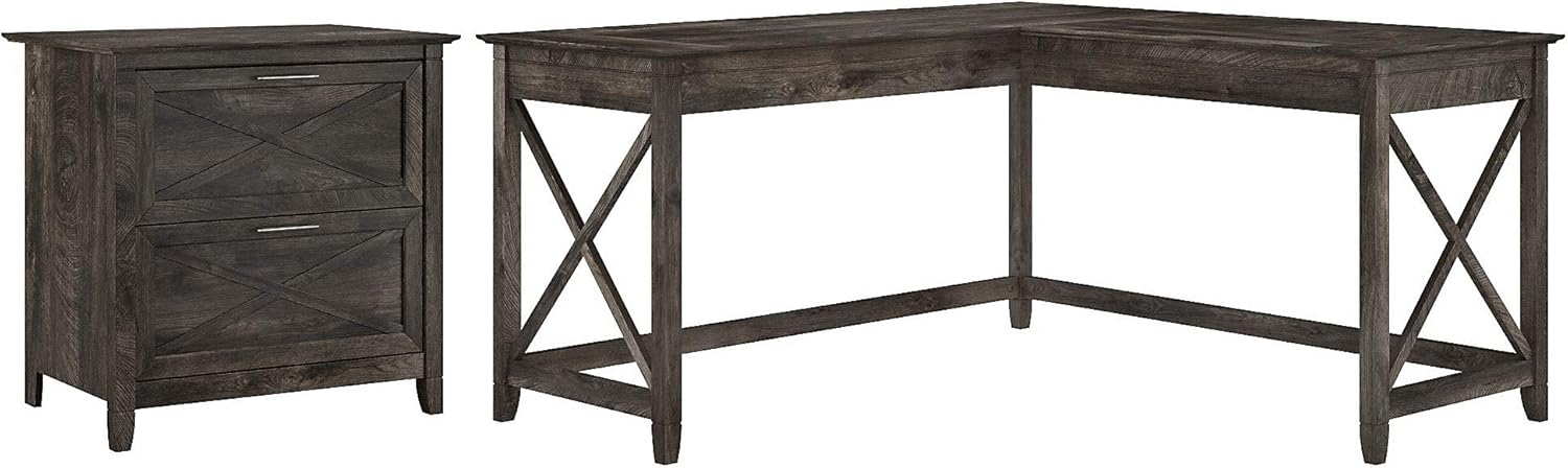 Bush Furniture Key West L Shaped Desk with 2 Drawer Lateral File Cabinet, 60W, Dark Gray Hickory