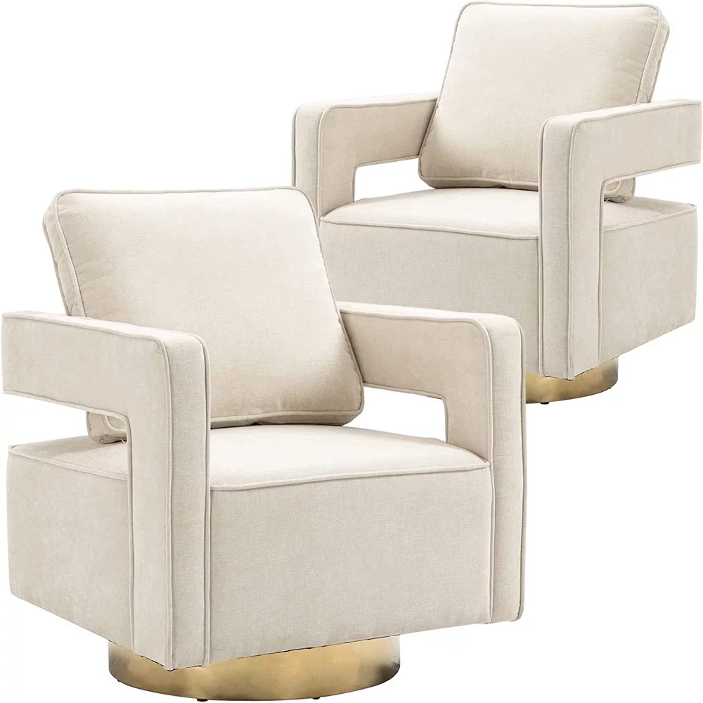 Swivel Barrel Chair Set of 2, Accent 360° Swivel Club Chairs with Gold Metal Base and Curved Open Back