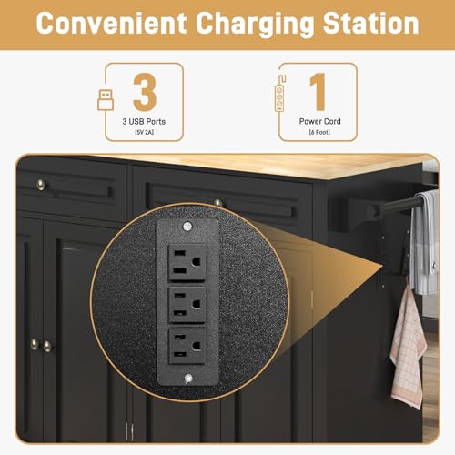 55" Movable Kitchen Island with Drop Leaf and Power Outlet, Rolling Island Cart w/Storage Cabinet, Island Table on Wheels for Kitchen w/2 Drawers