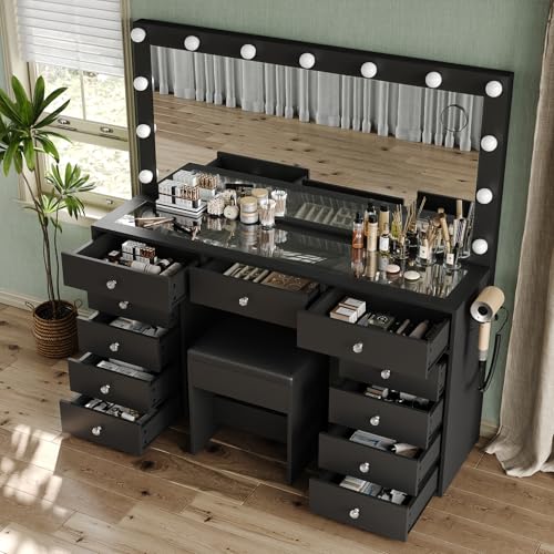 Vanity Desk & Power Outl, Makeup Vanity with Mirror and 12 LED Lights, Makeup Table with 11 Drawers, Vanity Table with Chair