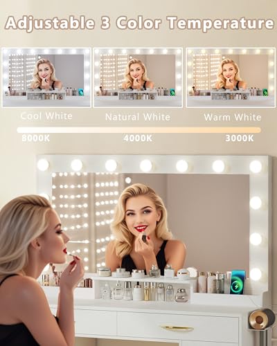 Makeup Vanity Desk with Lights, Vanity Desk with Large Mirror, White Vanity with Outlets Large Drawers & Storage, 3 Lighting Color Adjustable