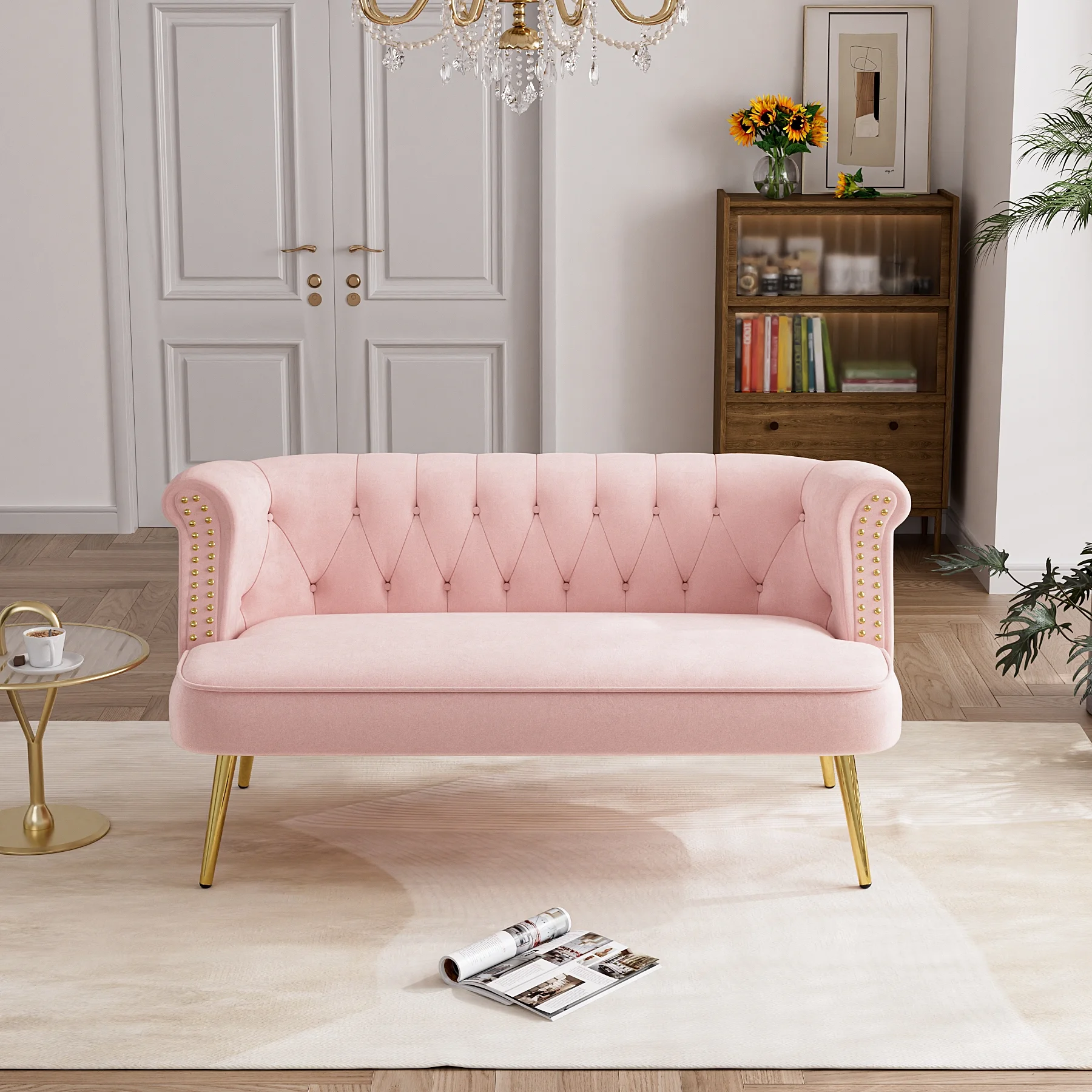 Modern Loveseat Settee Bench Sofa with Nailhead Trim and Golden Legs