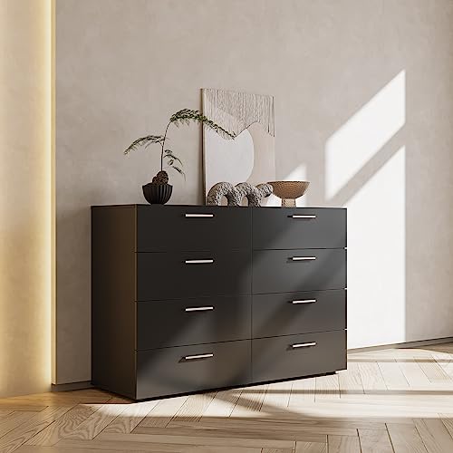 Goujxcy 8 Drawer Double Dresser for Bedroom, Modern Black 8 Drawers Chest Dresser with Metal Handle