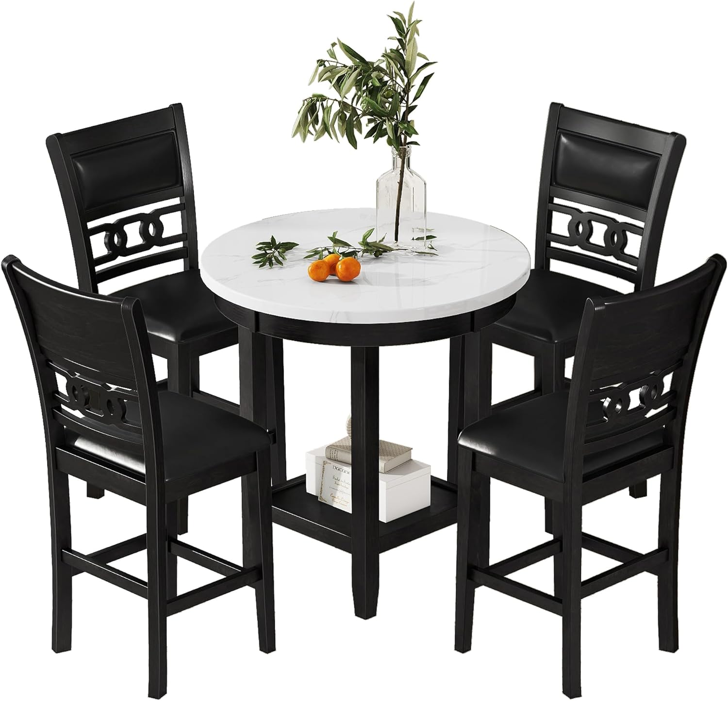 5-piece Counter Height Dining Round Table Set with One Faux Marble Top Dining Table and Four PU-leather Chairs,Dark Espresso