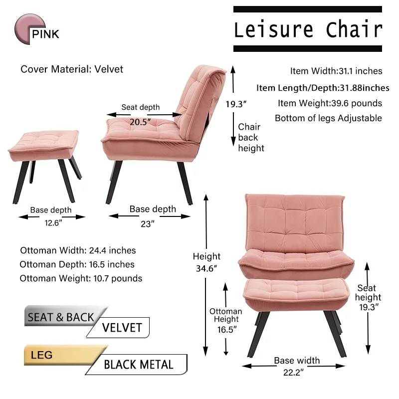 Modern Pink Soft Velvet Material Large Width Accent Chair For Indoor Home And Living Room