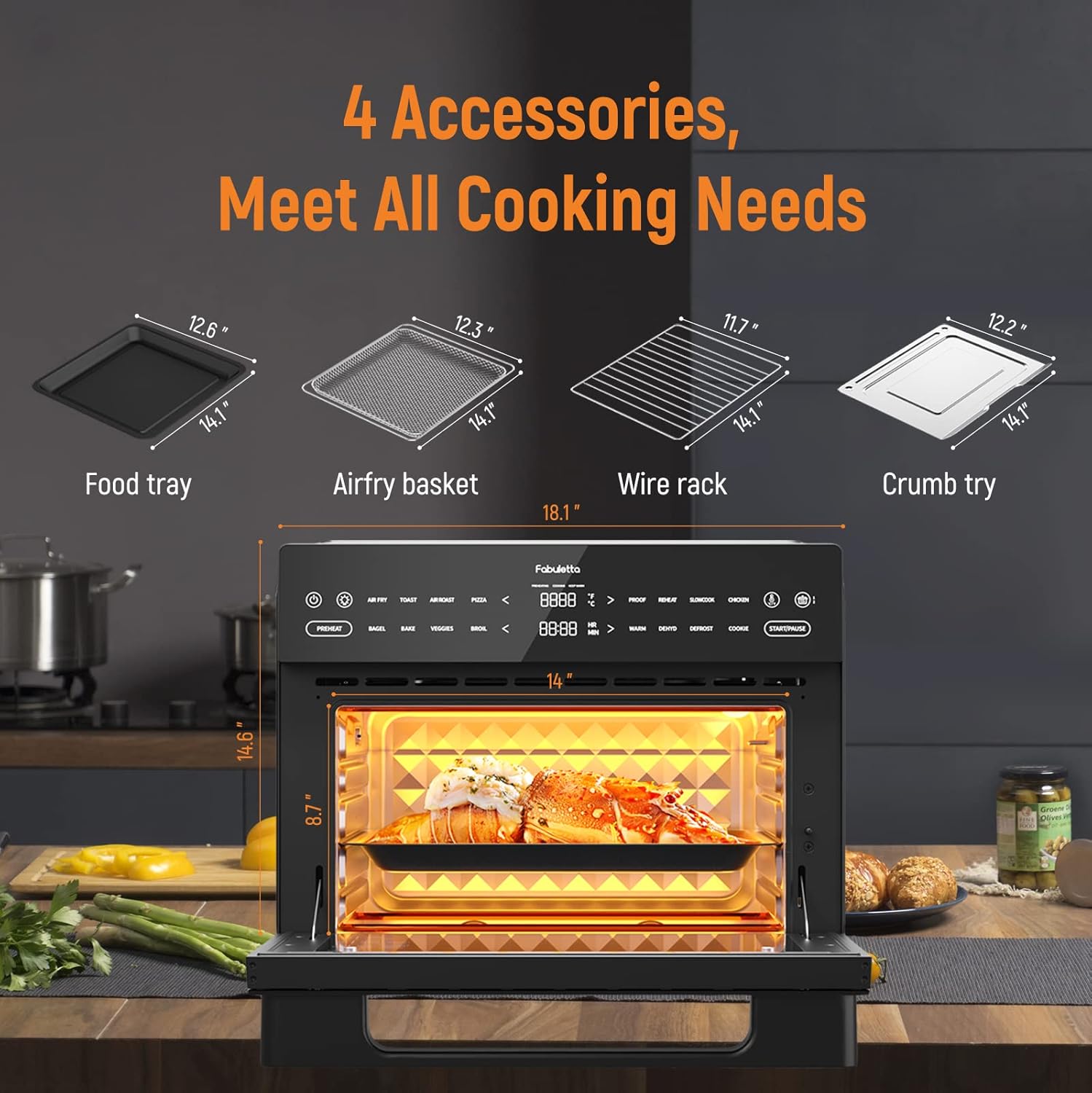 Air Fryer Toaster Oven Combo - Fabuletta 10-in-1 Countertop Convection Oven 1800W, Flip Up & Away Capability for Storage Space