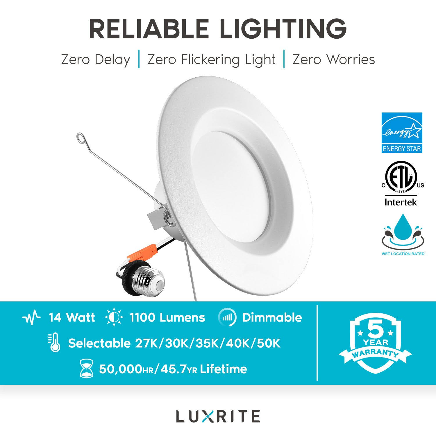 Luxrite 5/6 in. Can Light 14W to 90W 5-Color Selectable Dimmable Smooth Trim Remodel Integrated LED Recessed Light Kit (12-Pack)