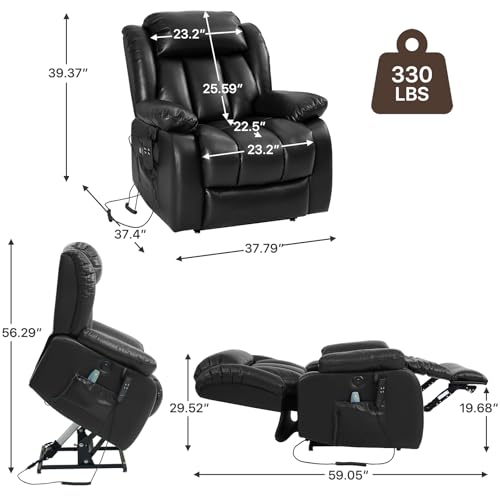 EDILLY Large Genuine Leather Power Lift Recliner Chairs for Elderly, Dual Motor with Massage and Heating,Double Lumbar Cushion and Extended Footrest