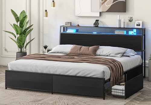 Queen Bed frame with LED Lights, Metal Platform Bed Frame with 4 Storage Drawers, Tall Bookcase Headboard and Charging Station, Sturdy