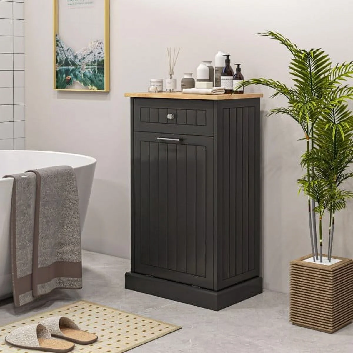 Kitchen Tilt Out Trash Bin Cabinet, ZPL Freestanding Laundry Sorter Cabinet,Trash Can Holder With Drawer, Freestanding Laundry Sorter Cabinet