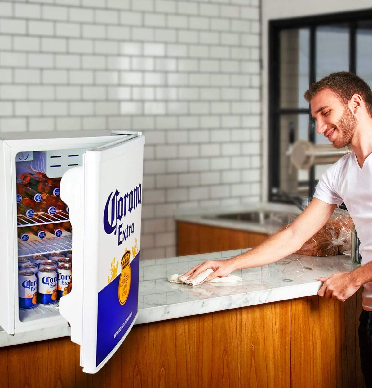 Corona Mini Beer Fridge with Freezer, 2.4 Cu. ft, 70 L for Frozen Meals, Beverages, White Blue
