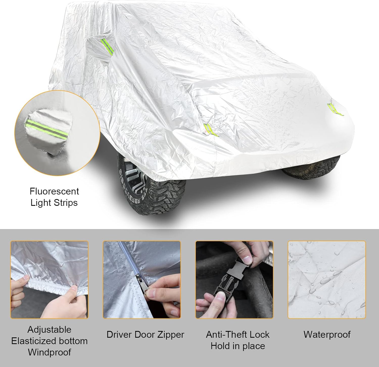 Silver 2-Door Full Car Cover Compatible with Jeep Wrangler CJ YJ TJ JK & JL 2 Door 1965-2021 All Weather Protection Snow Rain Waterproof Sun Shade