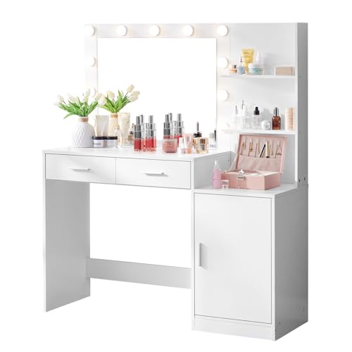 Vanity Desk with Mirror and LED Light Strip,Dressing Table with Large Drawer, 3 Level Storage Dresser & 3 Lighting Modes Adjustable Brightness
