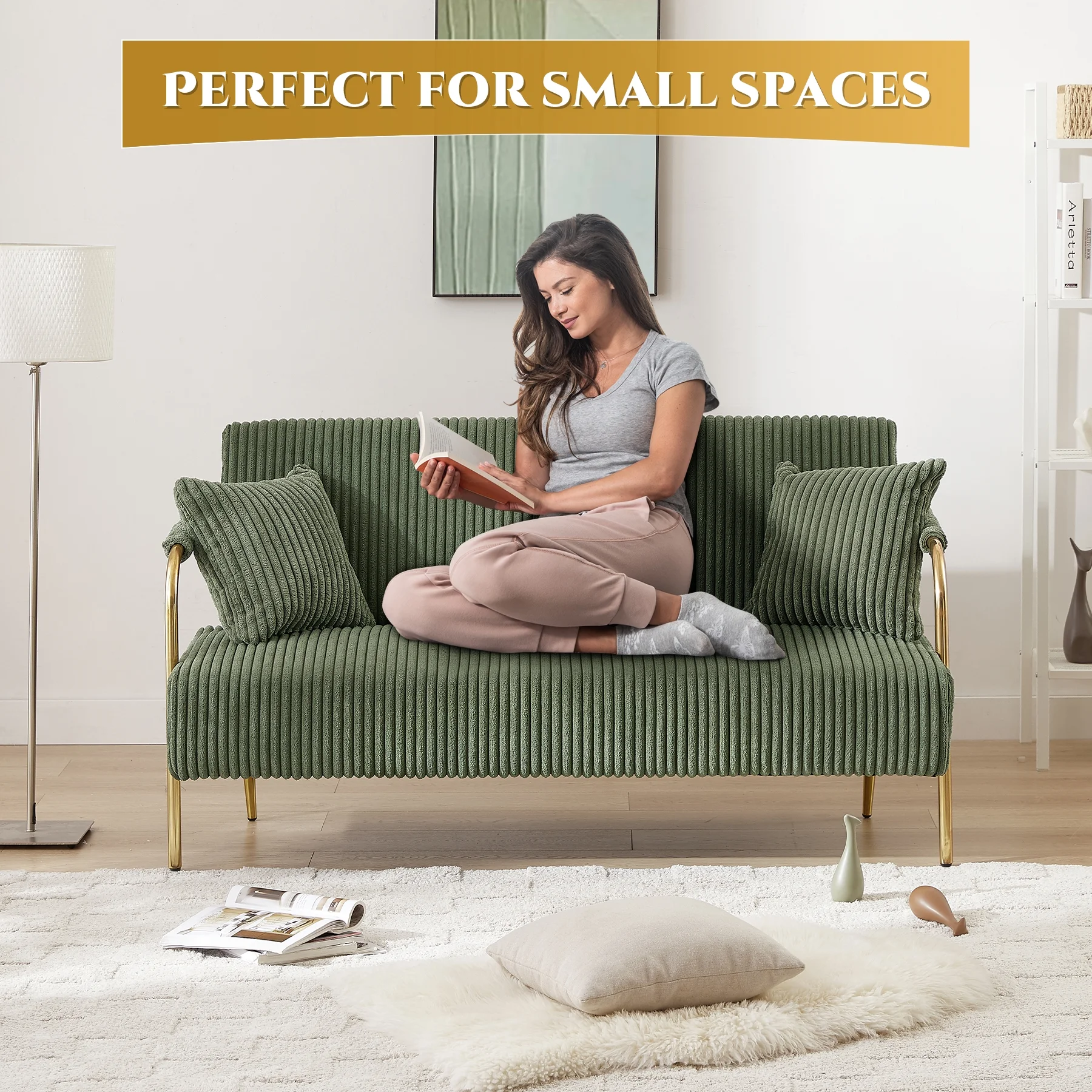 Rophefx Upholstered Loveseat, Tufted Velvet Futon Sofa Bed with 2 Pillows