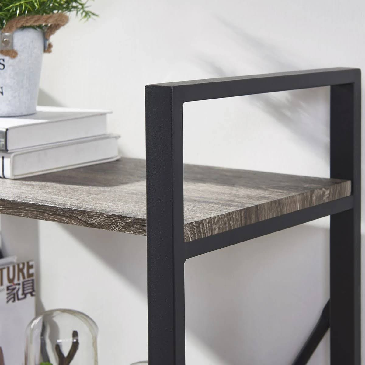 Bon Augure 4-Shelf Open Narrow Bookshelf, Vintage Industrial Bookcase, Rustic Wood and Metal Shelf, Dark Oak