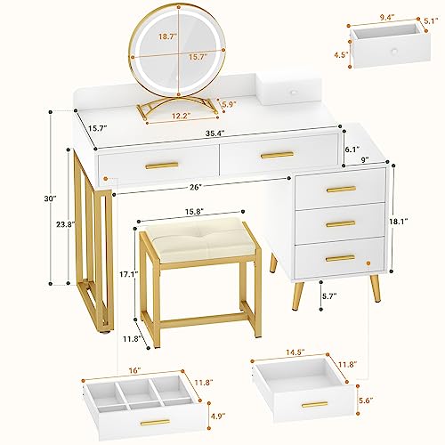 White Vanity Desk with Mirror and Lights, Modern Makeup Vanity Table Set with 6 Storage Drawers and Cushioned Stool for Bedroom