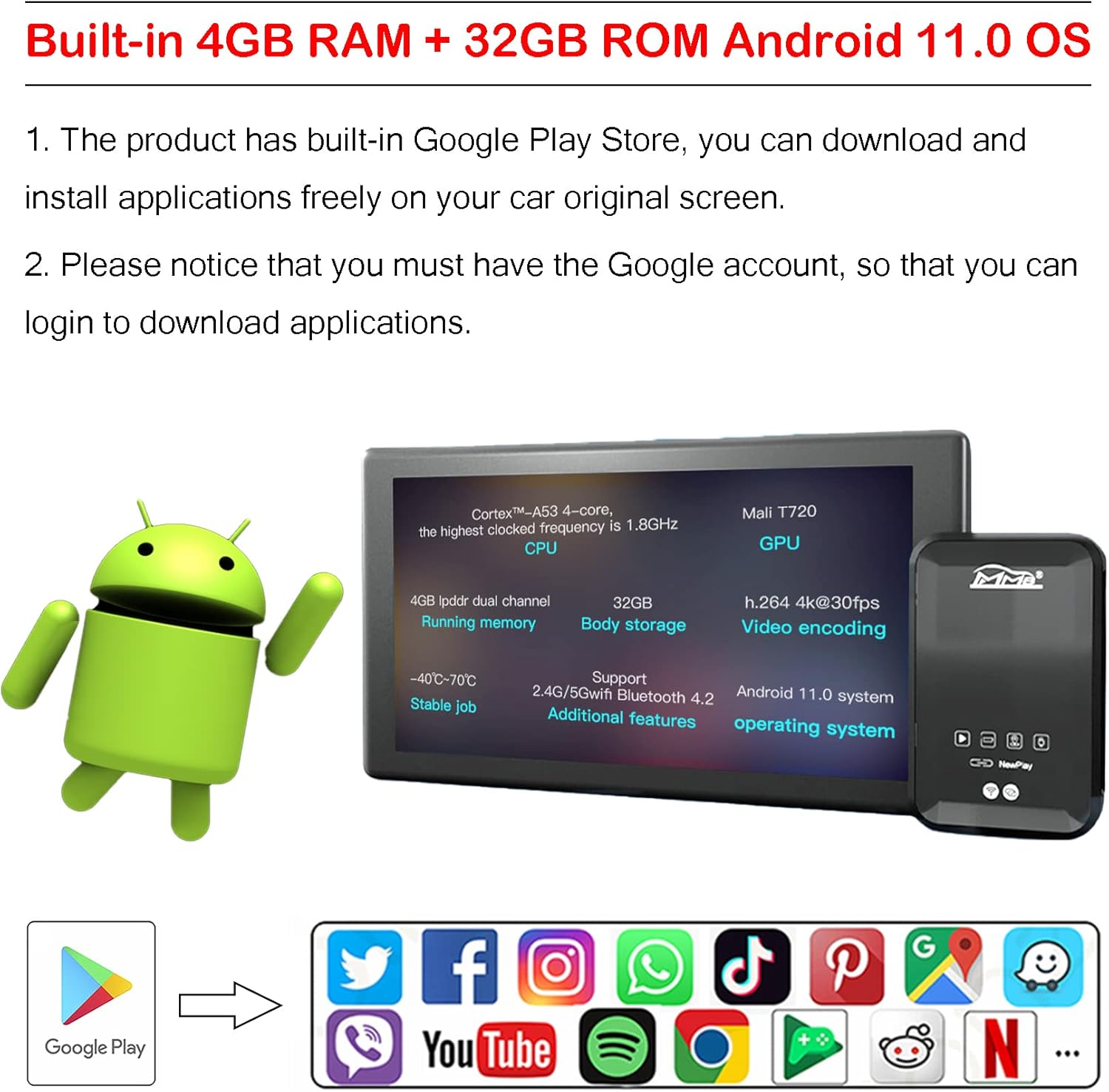 MMB Wireless CarPlay Dongle Android 11.0 AI Box, Compatible with Audi Benz VW Toyota Honda Porsche Ford 2018-2022 with Factory Wired CarPlay