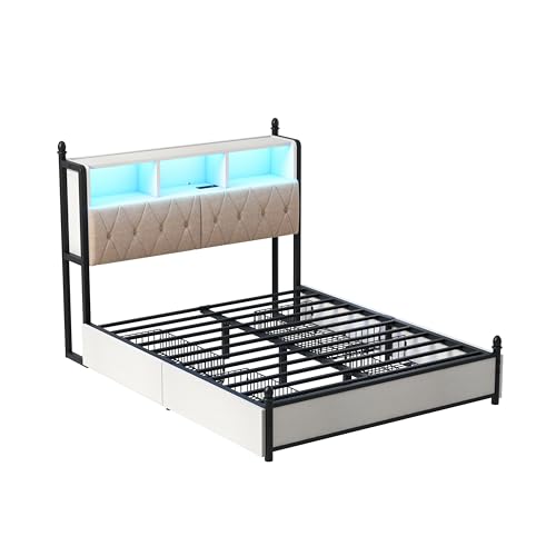 AMERLIFE Full Size Bed Frame with Bookcase Headboard, 4 Storage Drawers, Wooden Platform Bed with Charging Station & LED Light, No Box Spring Needed