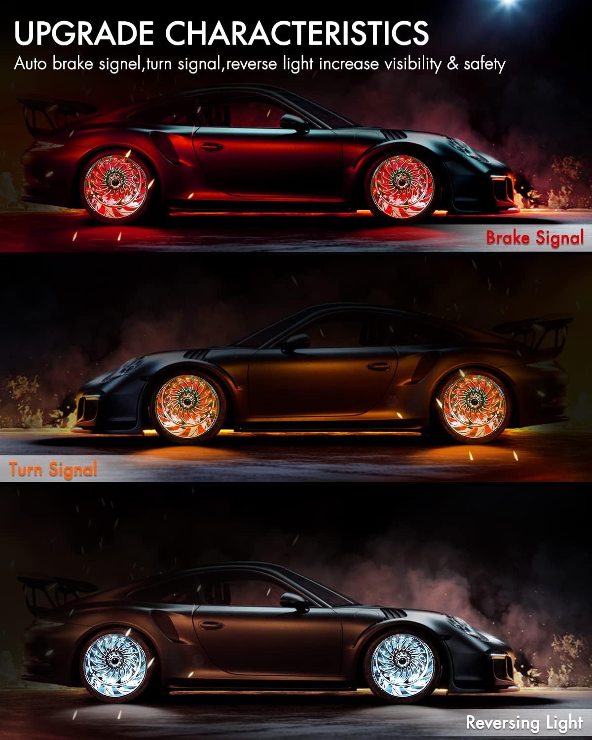 4Pcs 15.5inch LED Wheel Light RGB Chase Rim Lights w/Turn Signal and Braking Function Controlled by Remote and APP, IP 67 Waterproof