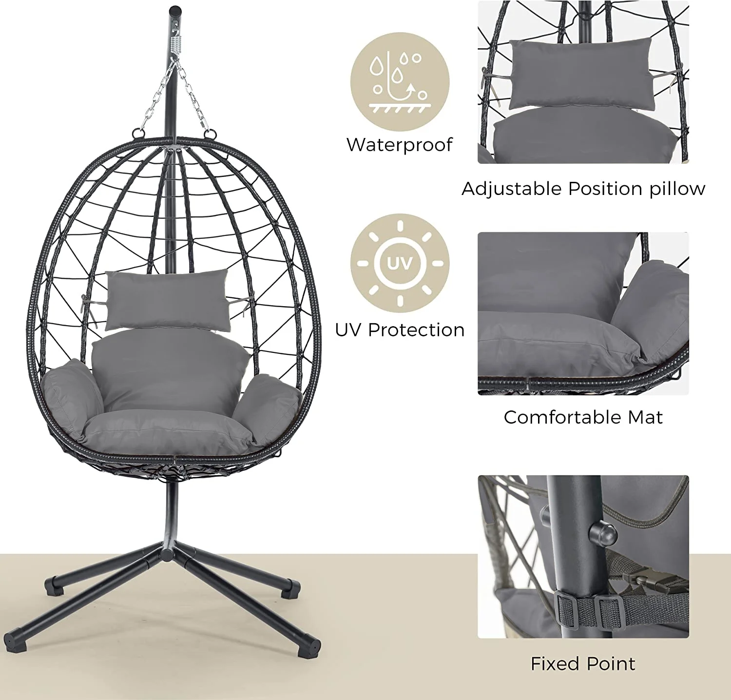 Egg Chair with Stand, Steel Frame Swing Chair Hanging Chair Max 350Lbs with Cushions & Pillow Bedroom, Outdoor, Porch, Garden, Deck, Gray