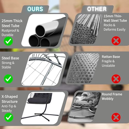 Hanging Egg Chair with Stand Indoor Outdoor, Foldable Rattan Wicker Hammock Egg Swing Chair for Bedroom Porch Patio Garden, Thickened Cushion