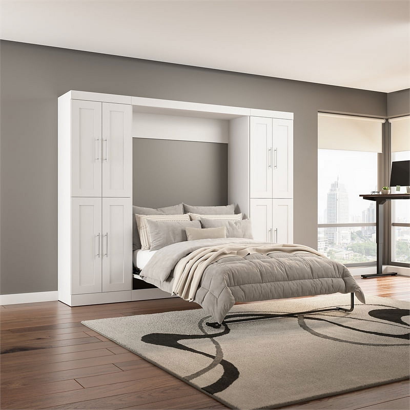 Bestar Pur Engineered Wood Full Murphy Bed with Storage Cabinets in White