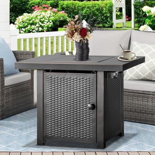 32 Inch Propane Fire Pit Table, Outdoor Gas Fire Pits with 2 Drink Holders, Lid & Lava Rock, 50000 BTU Firepit for Dinning, Party in Outside, Patio