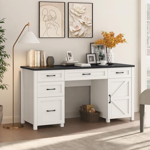 Farmhouse 61'' Executive Desk with 5 Drawers, Rustic Office Desk Computer Desk with Charging Station, File Drawers and Storage Cabinet
