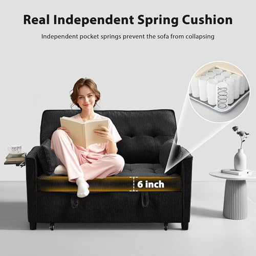 Sleeper Sofa Bed, 52‘’ Convertible Pull Out Couch with Small Table| USB Port | Side Pockets | Corduroy Fabric | Adjustable Backrest for Apartment