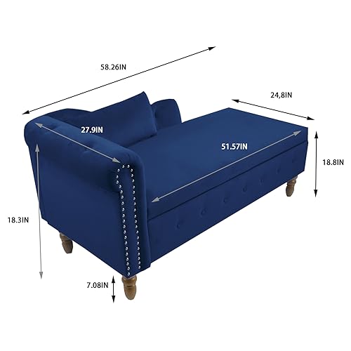 Velvet Storage Chaise Lounge, End of Bed Storage Bench with Pillow and Backrest, Button Tufted Lounge Chair with Nailhead Trim & Wood Legs