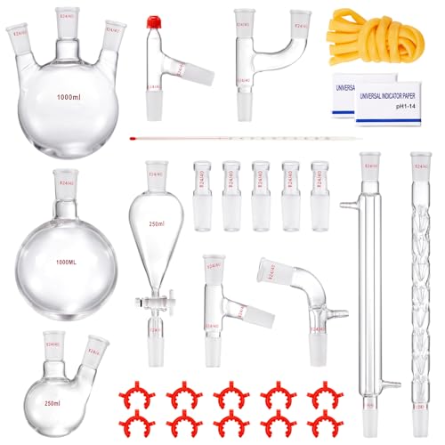 VEVOR New Laboratory Glassware 24/40 Chemistry Glassware 29PCS Chemistry Lab Glassware Kit 250 1000ml for Distillations Separation Purification