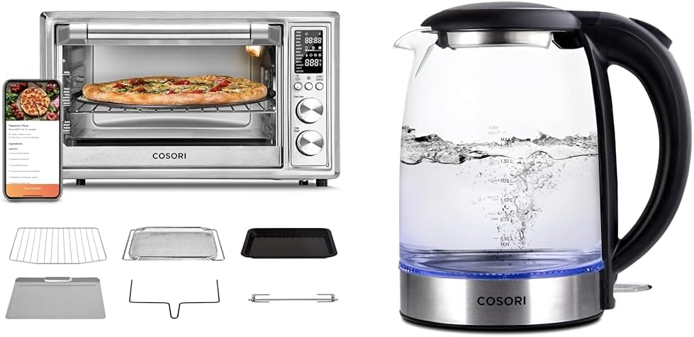 COSORI 13-in-1 Air Fryer Toaster Oven Combo with Rotisserie, Sous Vide, Convection, 32QT, Silver + 1500W Electric Kettle, 1.7L, Black