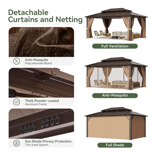 Aoxun 12'x10' Hardtop Gazebo, Aluminum Frame Permanent Pavilion with Curtains and Netting, Outdoor Polycarbonate Double Roof Canopy