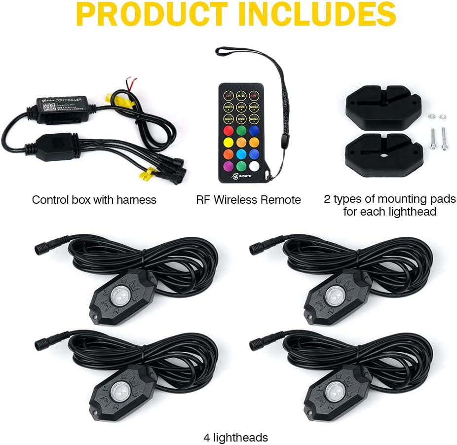 Xprite RGBW LED Rock Lights Kit w/Bluetooth & Wireless Remote Controller, Multicolor Cars Underglow, Whee Well, Footwell Neon Light Kits