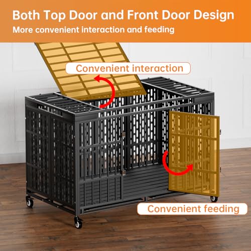 48/42/38 Inch Heavy Duty Dog Crate with Wheels, Folding Metal Big Dog Cage for Large and Medium Dogs