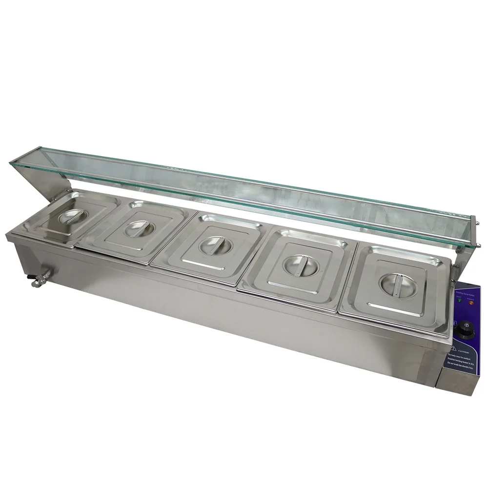 TECHTONGDA Buffet Food Warmer Stainless Steel Bain Marie Buffet Countertop 5 Pan Electric Steam Heater 6"Deep with Glass Shield