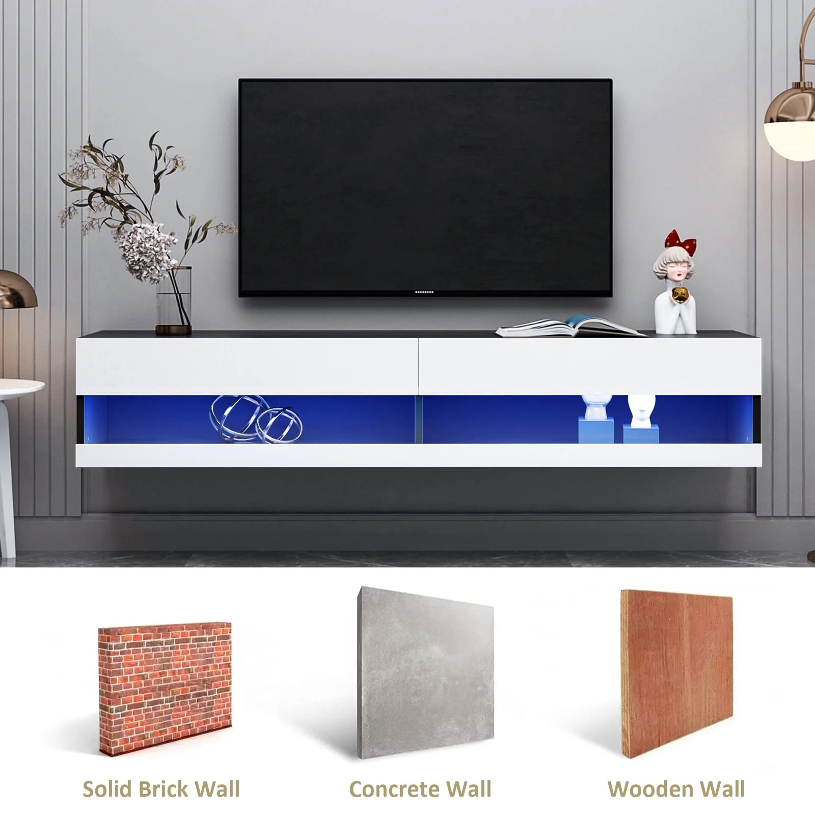 Floating TV Stand Wall Mounted with LED Lights, Floating TV Cabinet for 80 Inch TV