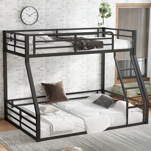 Heavy Duty Bunk Bed Frame with Ladder, Twin XL Over Twin XL Bunk Beds with Safety Guardrails, Adults Bunk Beds with Noise-Reducing Rubber Stoppers