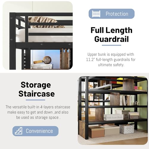 Queen Loft Bed with L-Shaped Desk and Stairs,Metal Queen Size LoftBed with Wardrobe and Adjustable Shelf, Gaming Bed with LED and USB