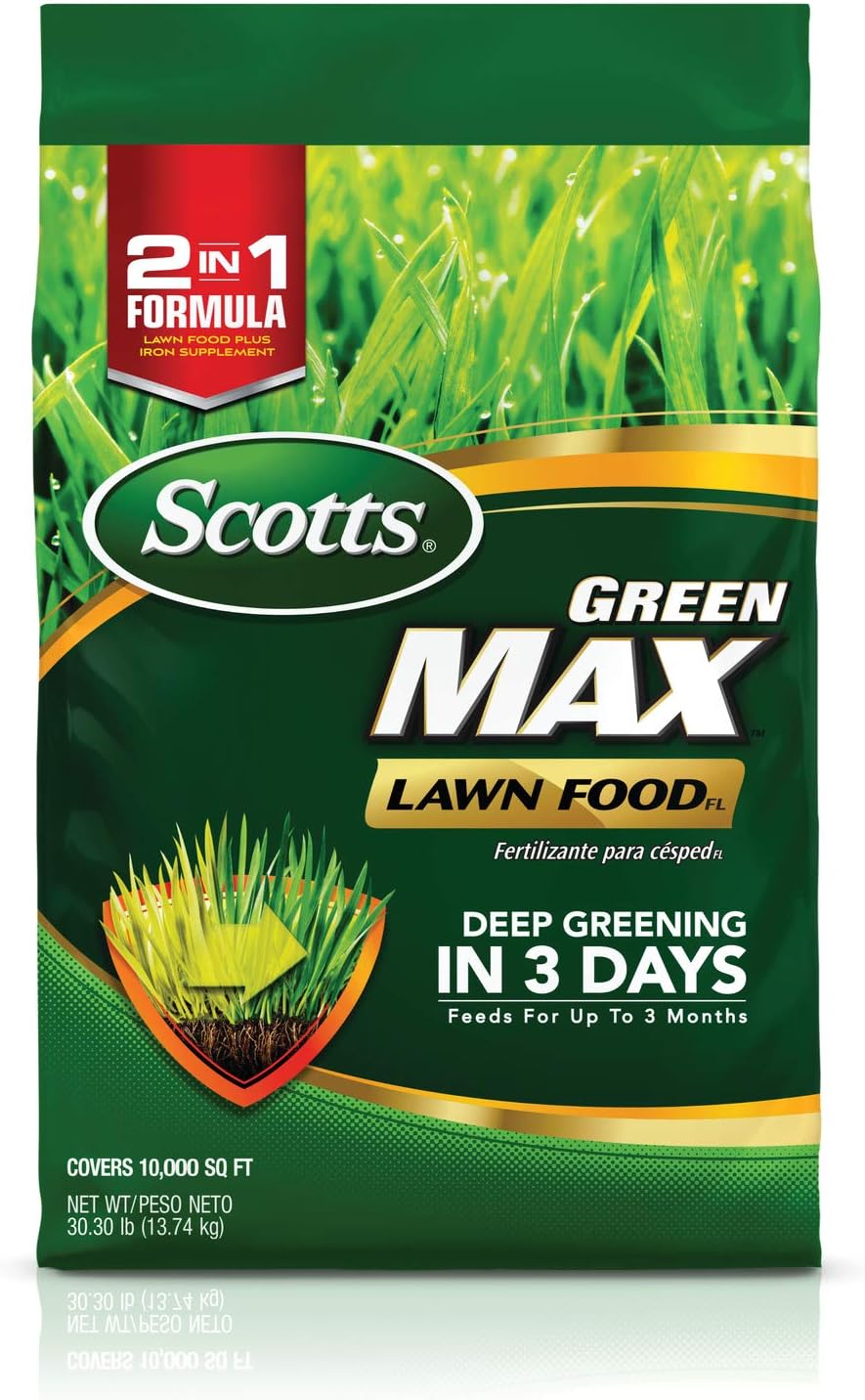 Scotts Green Max Lawn Food - Lawn Fertilizer Plus Iron Supplement Builds Thick, Green Lawns - Deep Greening in 3 Days - Covers 10