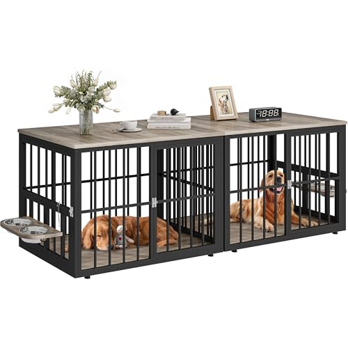 YITAHOME 88.6" Large Corner Dog Crate Furniture for 2 Dogs, Large Wooden Dog Kennel with Dog Bowls & 3 Doors