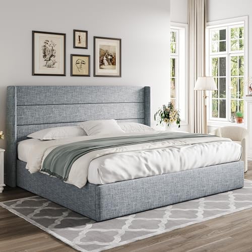 Allewie Full Size Lift Up Storage Bed, Modern Wingback Headboard, Hydraulic Support, No Box Spring Needed, Light Beige