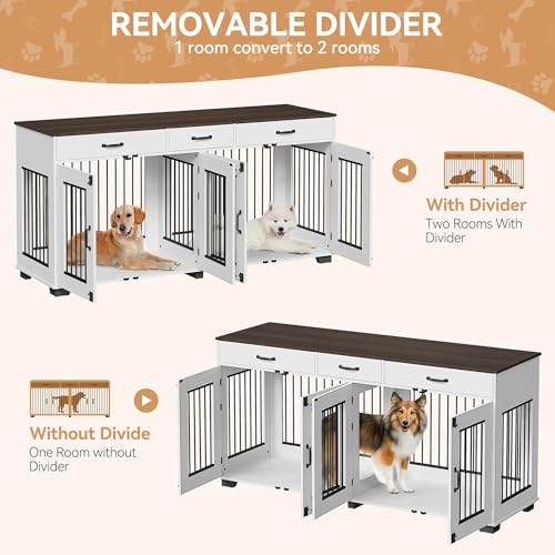 Dog Crate Furniture for 2 Dogs, 71'' XXL Indoor Dog Kennel with 3 Drawers and Removable Room Divider