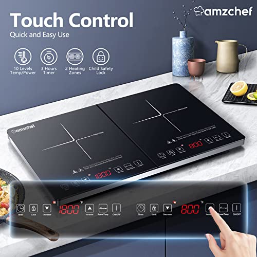 AMZCHEF Double Induction Cooktop 2 Burners Electric Cooker, Independent Control,10 Temperature/Power Levels