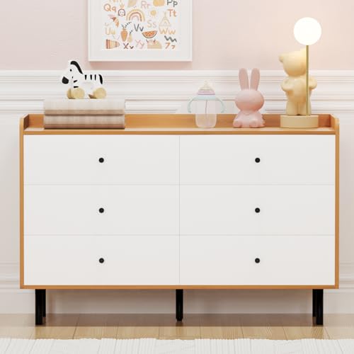 White Nursery Dresser for Bedroom with 6 Drawers, Modern Wood 6 Drawer Dresser with Black Knobs, Chest of Drawers for Nursery, Living Room, Closet